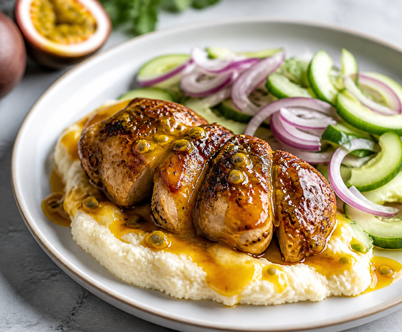 Caribbean Chicken Thighs with Mild Jerk Passion Fruit Glaze, over Coconut Yam Mash and Cucumber Red Onion Salad