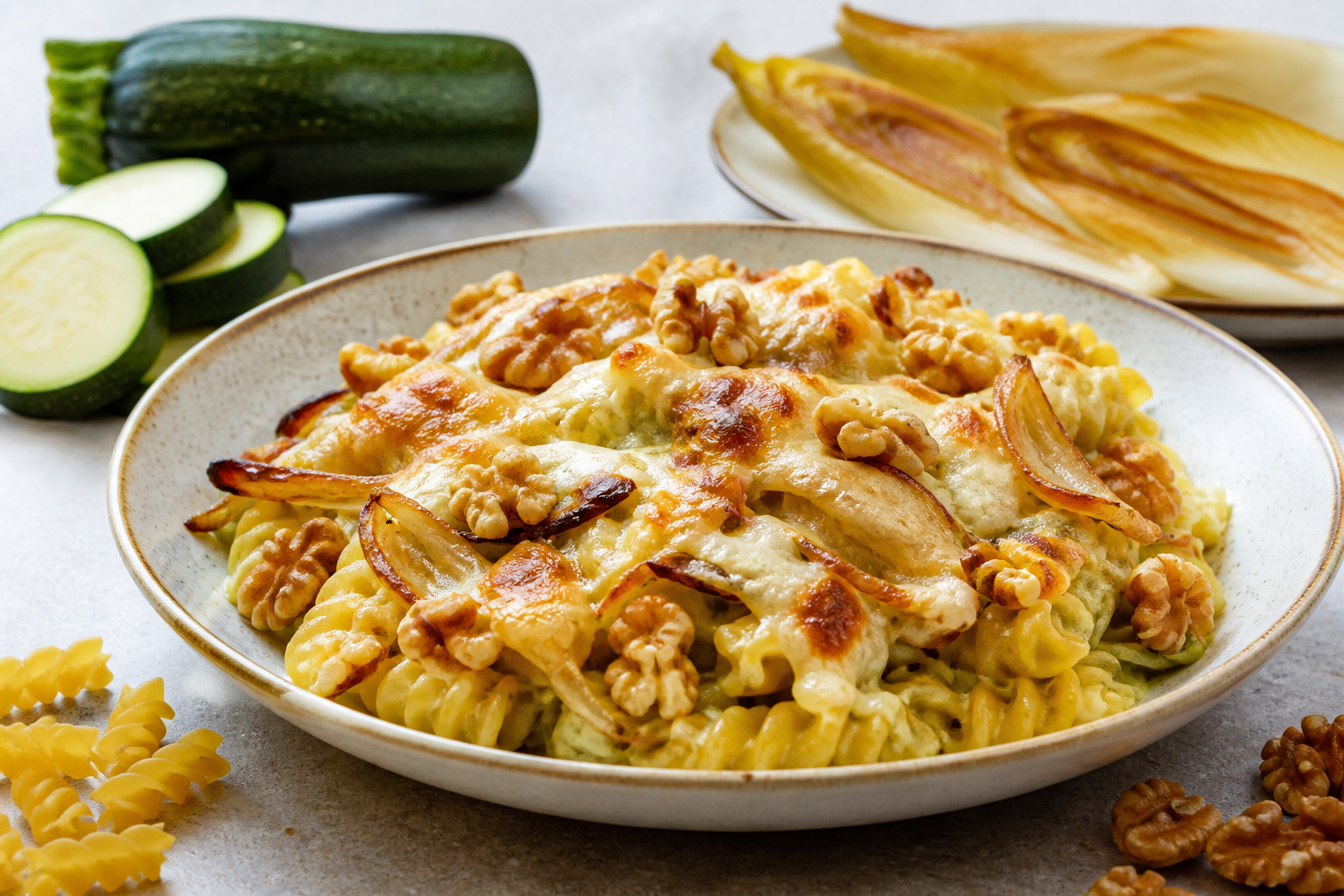 Baked Fusilli with Roasted Zucchini Cream, Taleggio, Caramelized Endive and Crunchy Walnuts