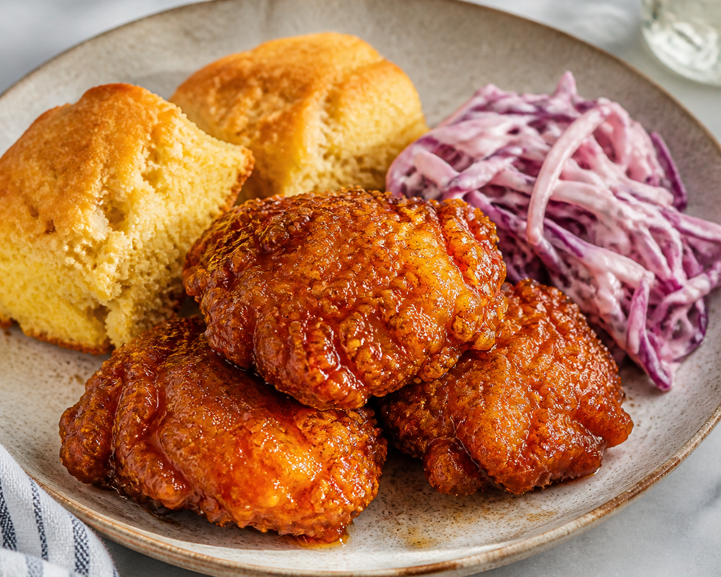 Crispy Chicken with Warm Honey-Pickle Sauce, Skillet Corn Biscuits, and Creamy Red Cabbage Slaw