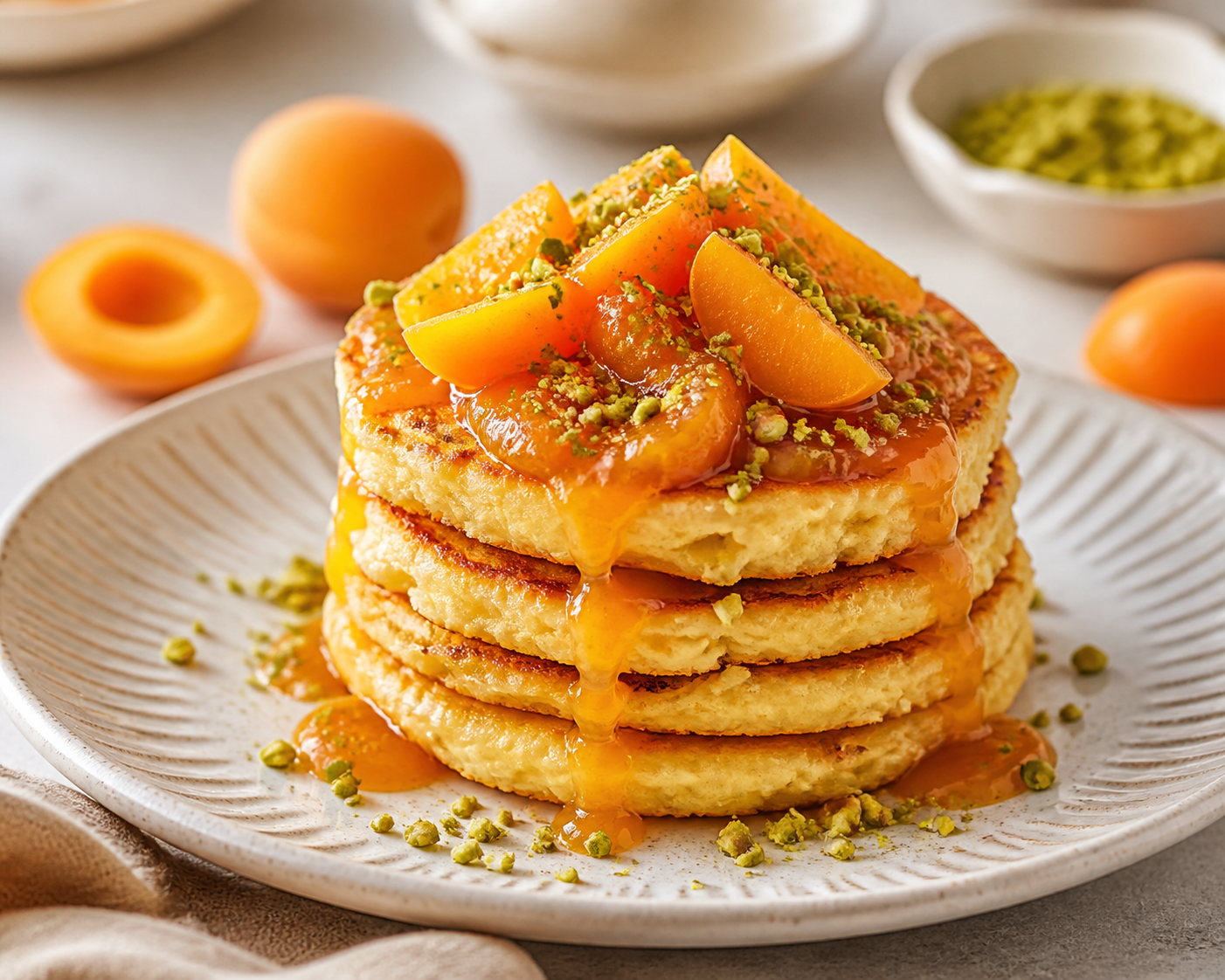 Tortitas Doradas de Sémola y Ricotta con Albaricoques a la Vainilla y Crocante de Pistacho