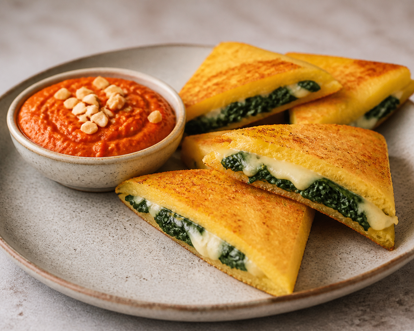 Triángulos crujientes de polenta, espinaca y taleggio con dip de pimiento rojo y almendra