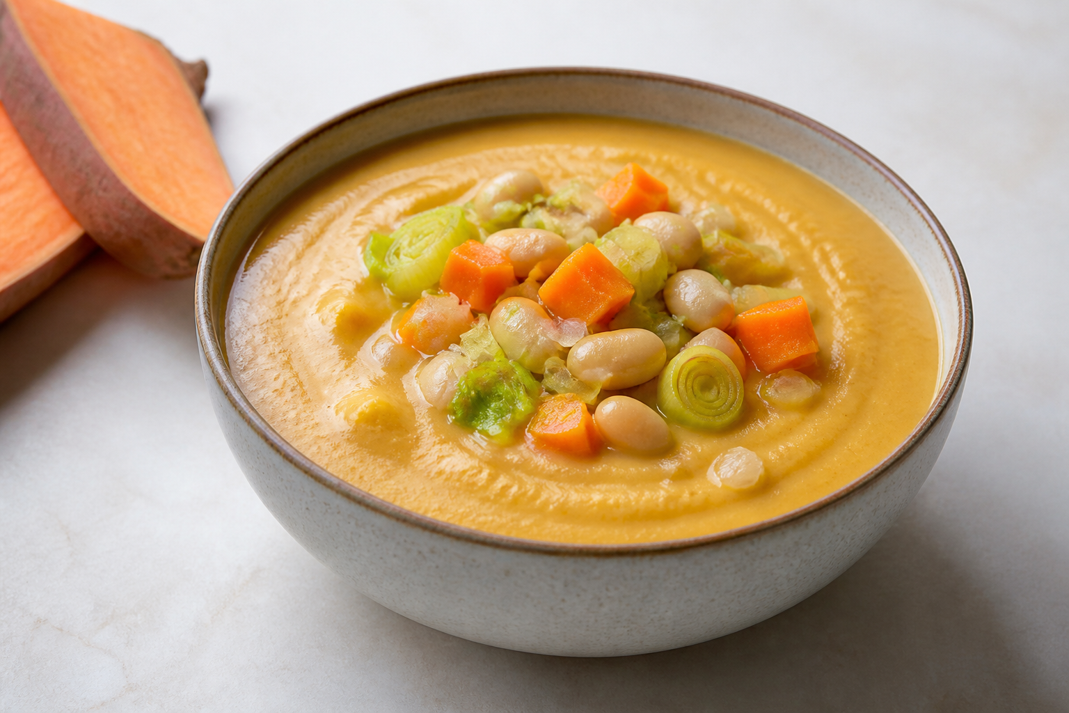 Creamy sweet potato, leek and white bean soup with mild miso, lime, and toasted sunflower seeds