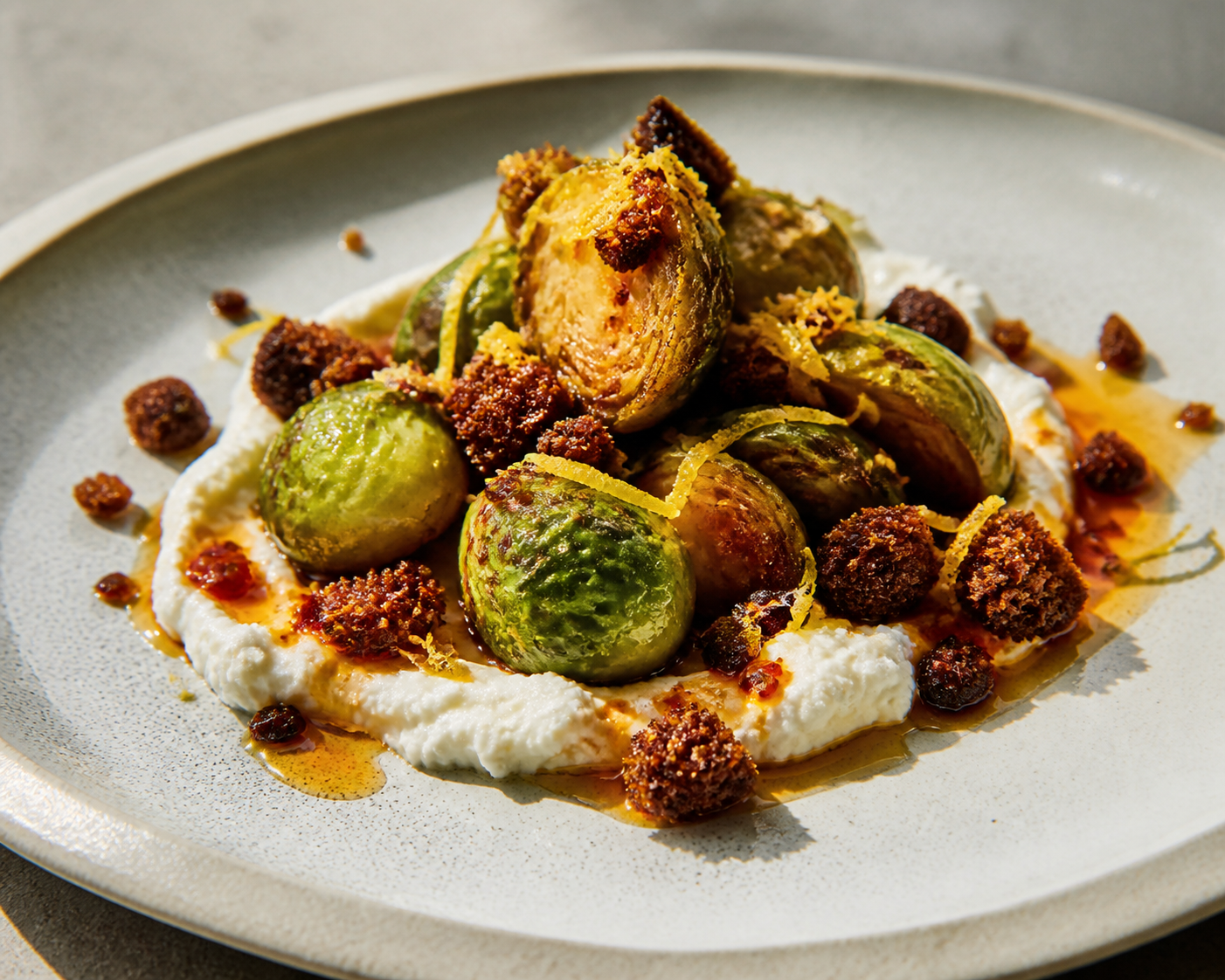 Caramelized Brussels Sprout Bites on Lemon Ricotta with Crispy Rye Crumbs and Chili Honey