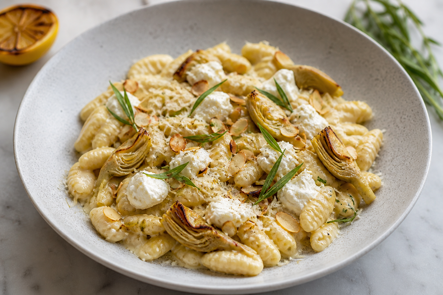 Creamy Cavatelli with Golden Artichokes, Roasted Lemon and Ricotta, with Toasted Almonds and Tarragon