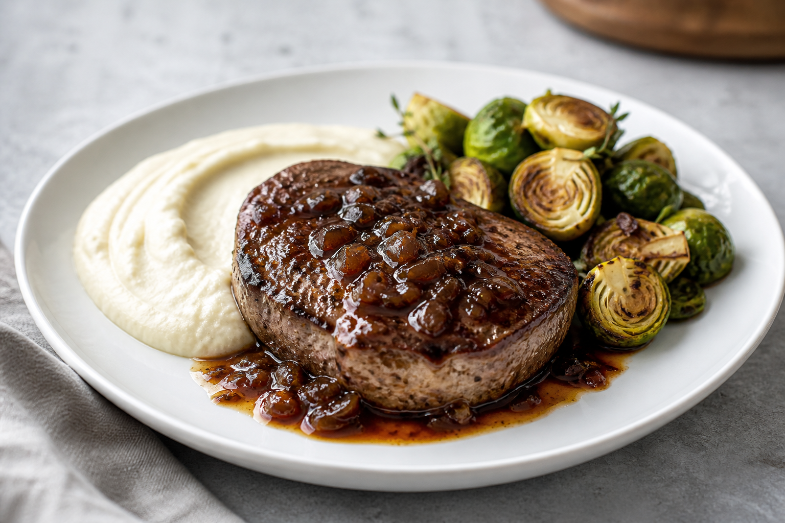 Filete de Res con Salsa de Cebada Oscura y Chalota, Puré de Apionabo y Coles de Bruselas al Tomillo