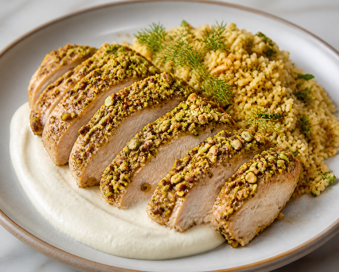 Roasted Chicken with Pistachio-Fennel Crust, Yogurt Cauliflower Cream, and Toasted Herb Couscous