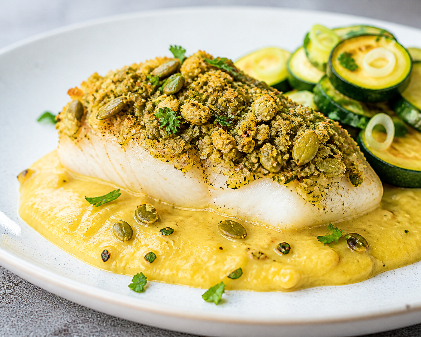 Bacalao al horno con costra de pepita y hierbas, salsa cremosa de maíz tostado y ensalada tibia de calabacín con cebollín
