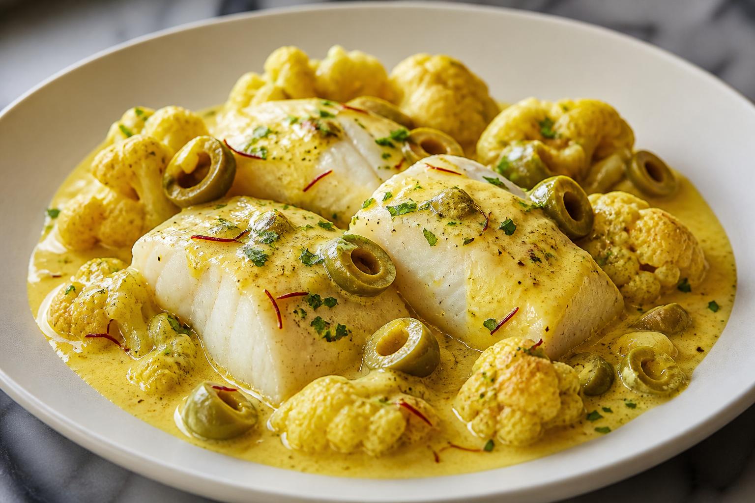Bacalao Keto en Crema de Azafrán, Aceitunas Verdes y Coliflor Dorada