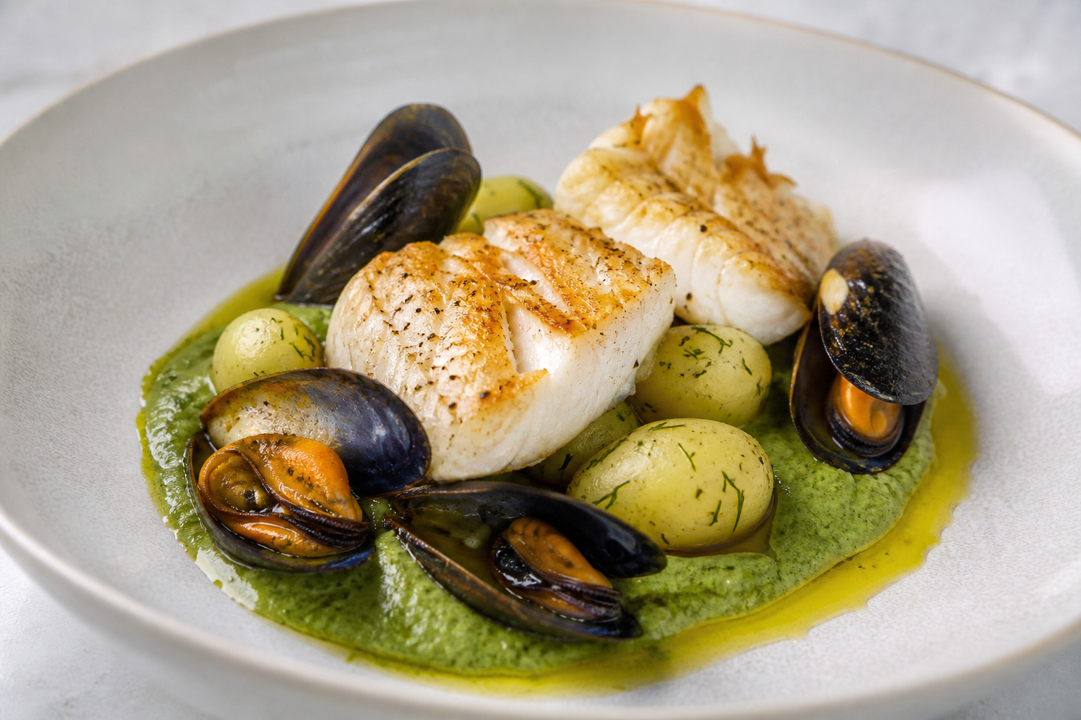 Hake and Mussel Skillet with Light Roasted Green Pepper Cream, Dill Potatoes and Warm Lemon Oil
