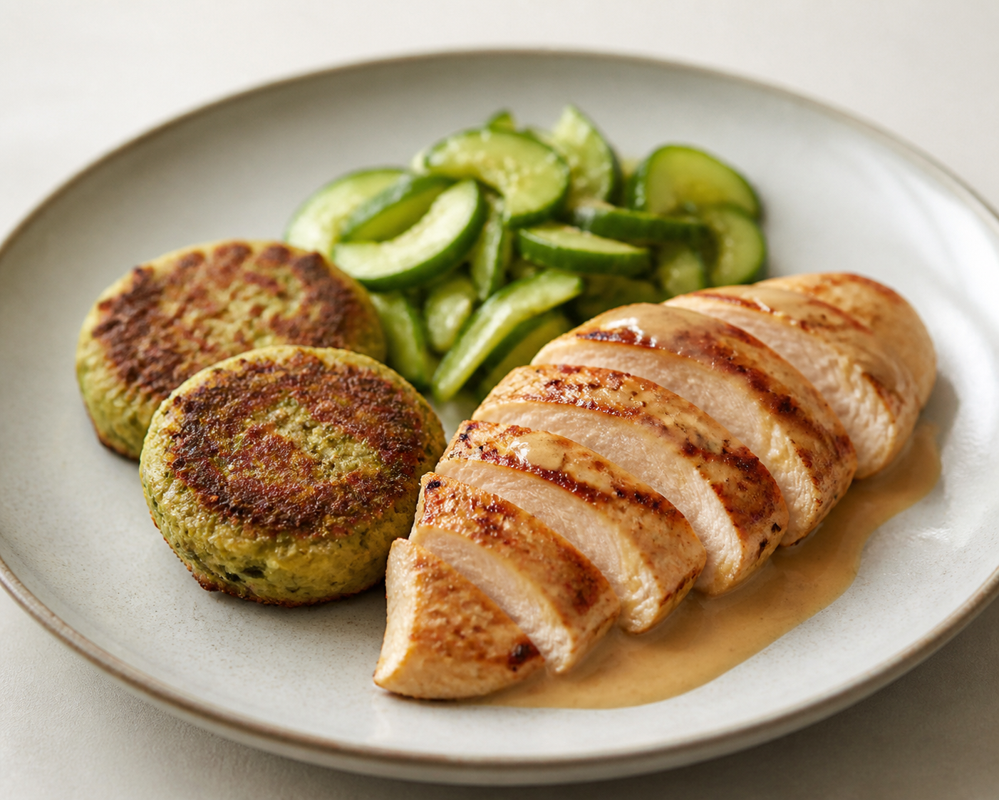 Filete de pavo al miso suave con tortitas de edamame y ensalada tibia de pepino y sésamo