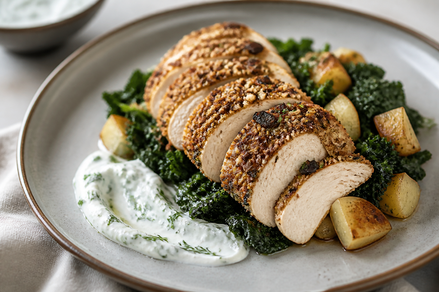 Pavo al horno con costra de aceituna y almendra sobre col rizada salteada, nabo dorado y yogur de hierbas