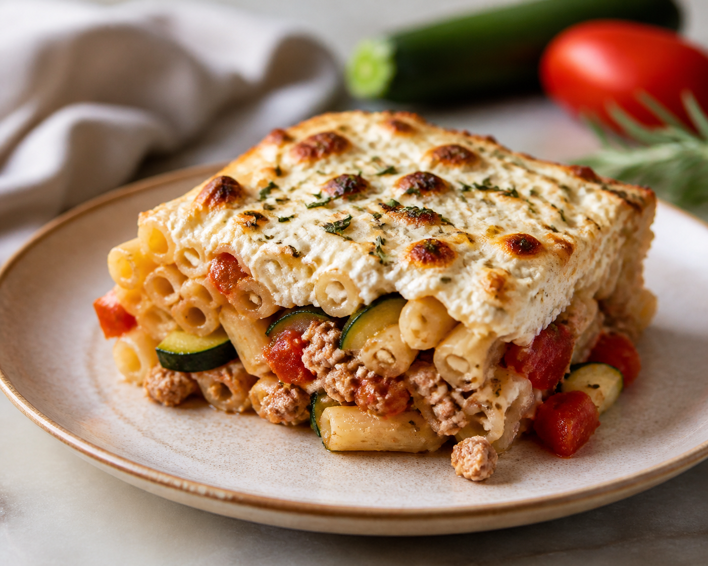 Pastel Familiar de Fideos con Pavo al Tomate Asado, Calabacín y Costra de Ricotta al Romero