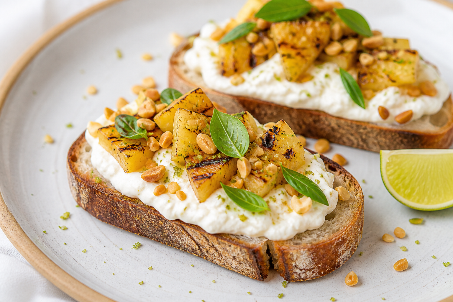 Tostadas exprés de stracciatella con piña chamuscada, albahaca y cacahuate-lima