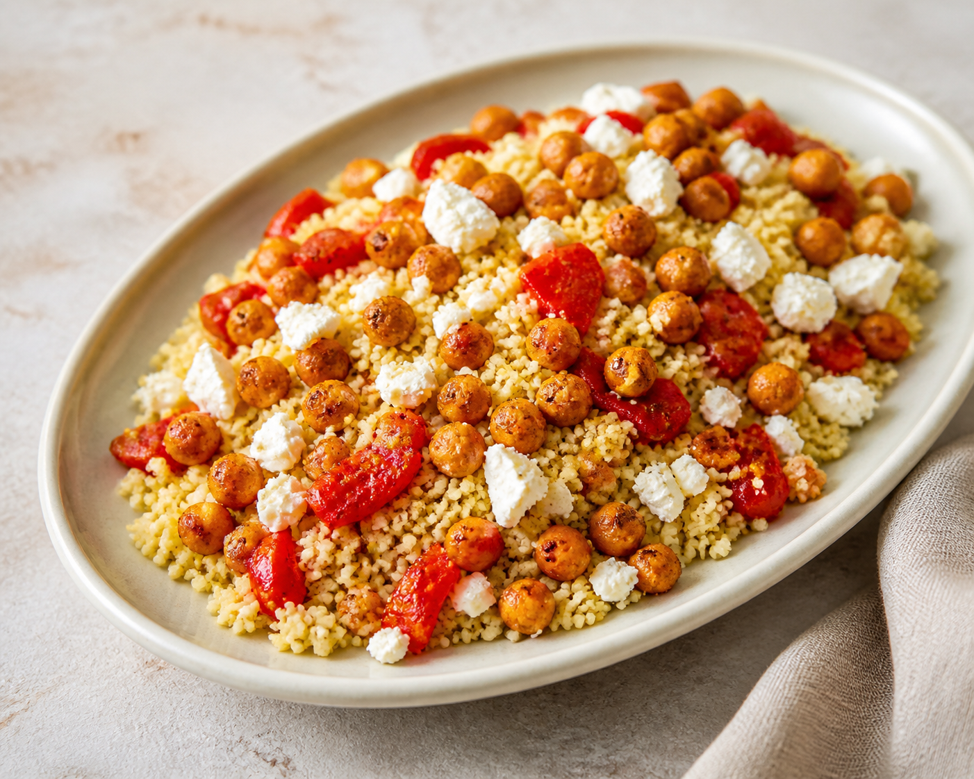 Quick roasted pepper couscous with crispy chickpeas and lemon feta