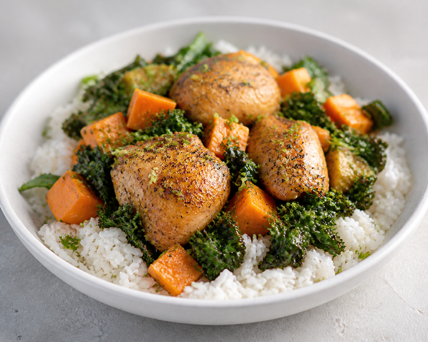 Instant Pot de pollo con boniato, kale y arroz meloso de coco y lima
