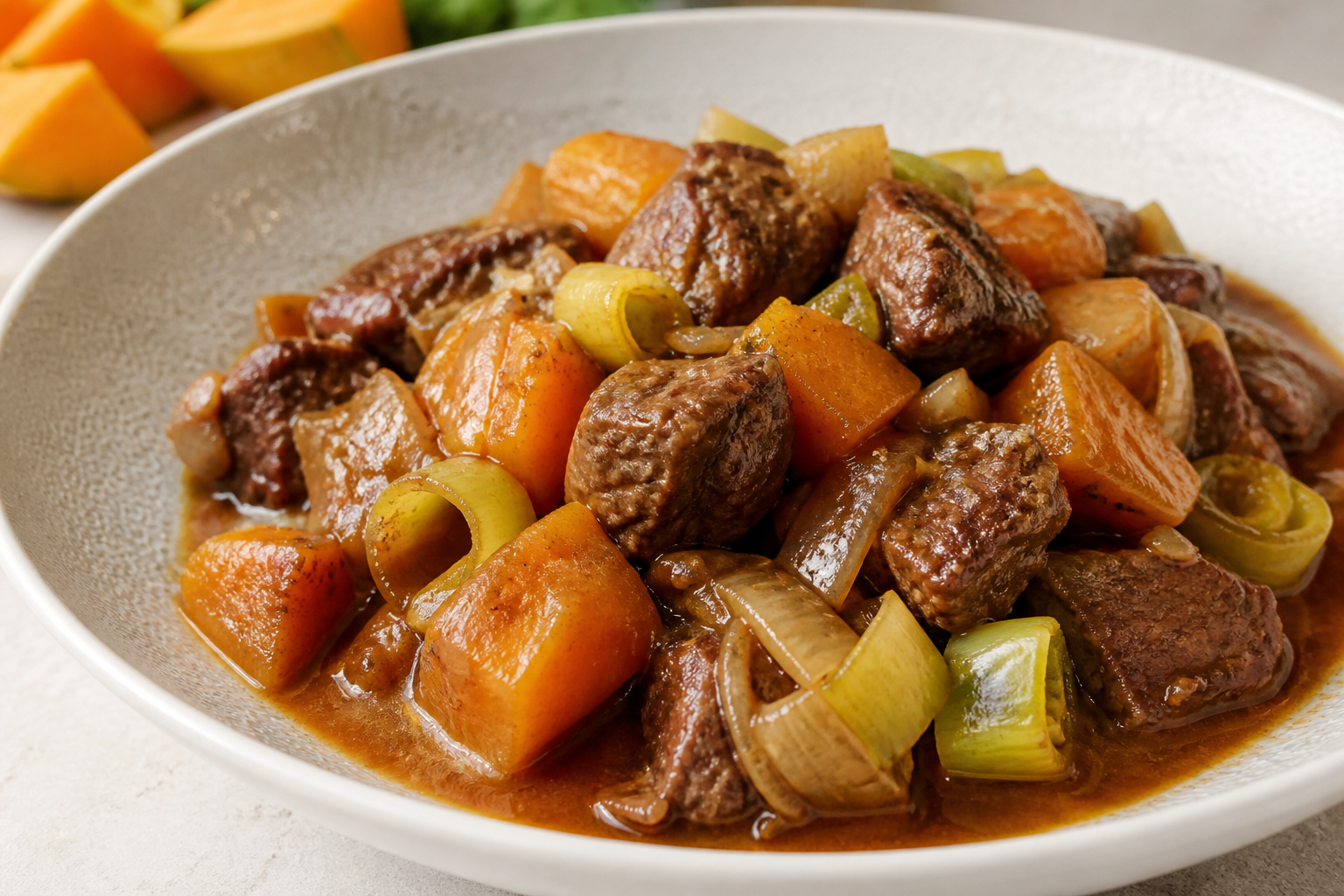Slow Cooker Beef with Pumpkin, Leek and a Gentle Coffee, Tomato and Cinnamon Sauce