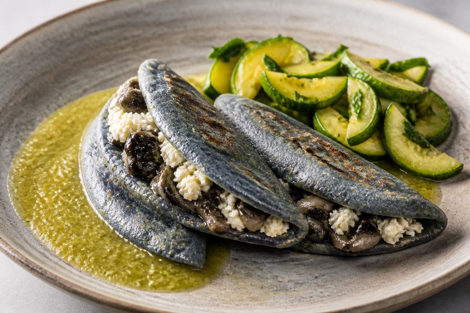 Tlacoyos de requesón y huitlacoche con salsa de tomatillo asado y ensalada tibia de calabacita al epazote