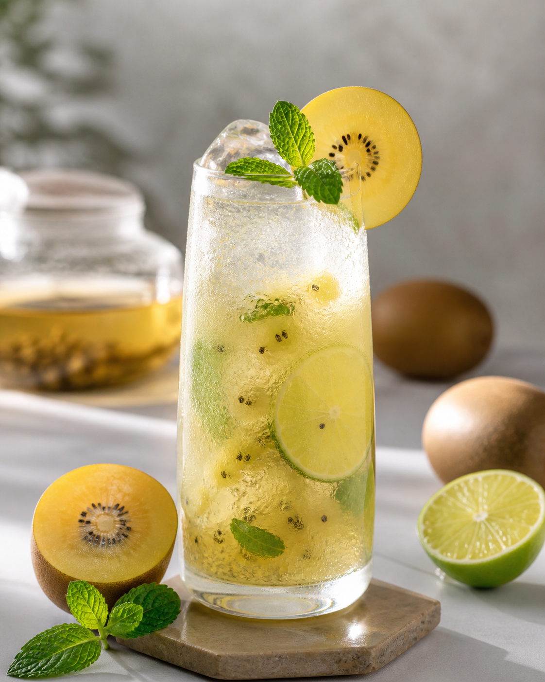 Iced golden kiwi, lime and white tea fizz with mint and vanilla