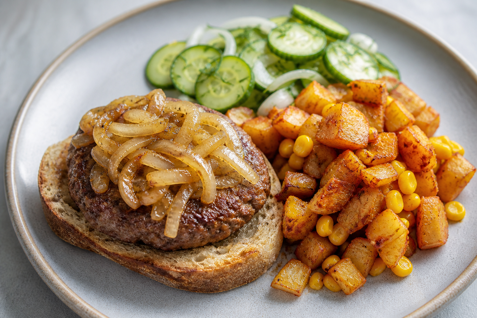 Open-Faced Beef Patties with Toasted Onion Butter, Paprika Potato-Corn Hash, and Quick Dill Cucumber Salad