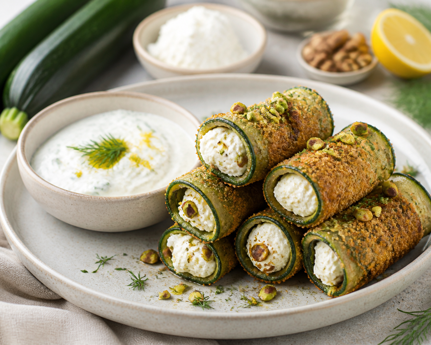 Canelones crujientes de calabacín, ricotta y pistacho con dip de yogur, limón y eneldo