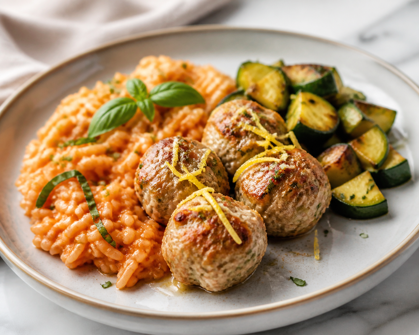 Arroz cremoso de tomate y albahaca con albóndigas de pavo al limón y calabacín salteado