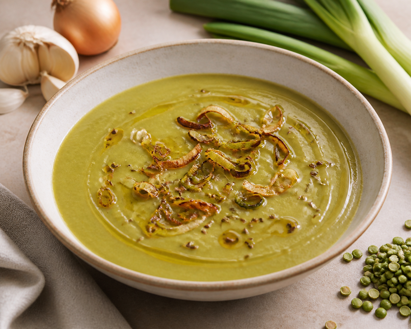 Sopa cremosa de puerro asado, guisantes partidos y limón con crujiente de alcaravea