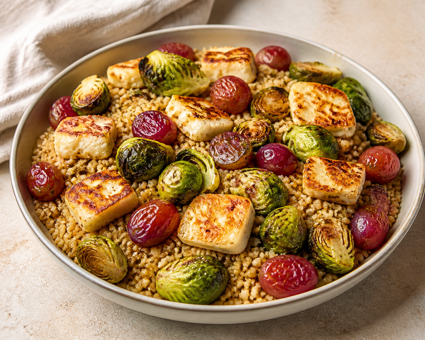 Ensalada tibia de cuscús integral con coles de Bruselas doradas, uvas rojas asadas, halloumi crujiente y vinagreta de limón y zaatar