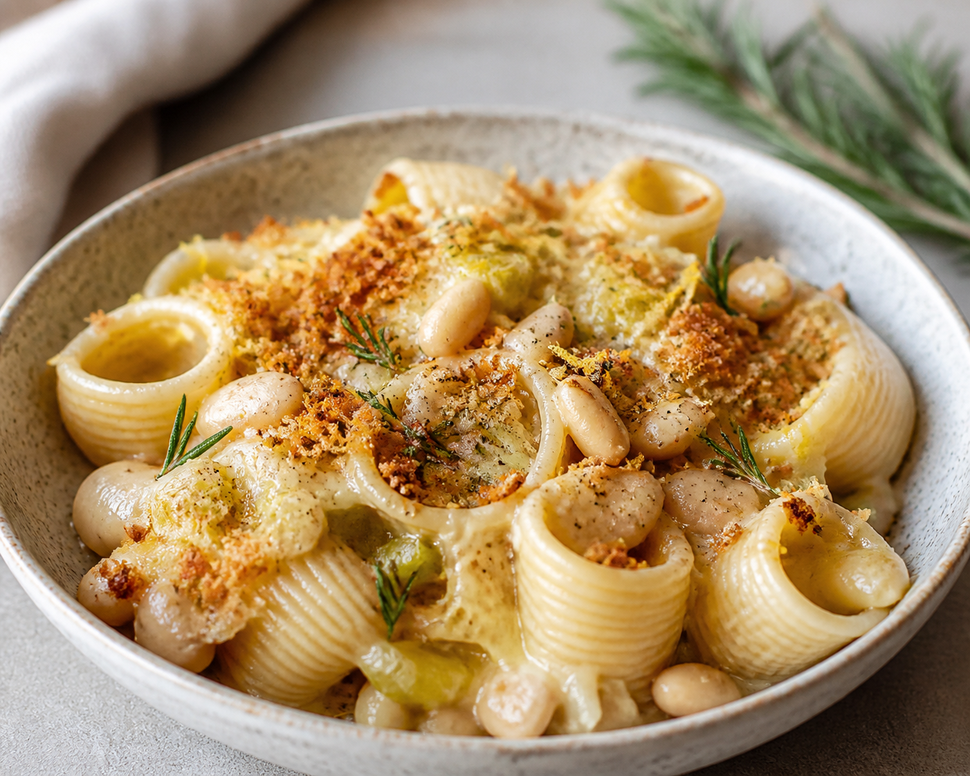 Lumaconi cremosos de puerro asado, judías blancas y provolone con limón, romero y migas crujientes
