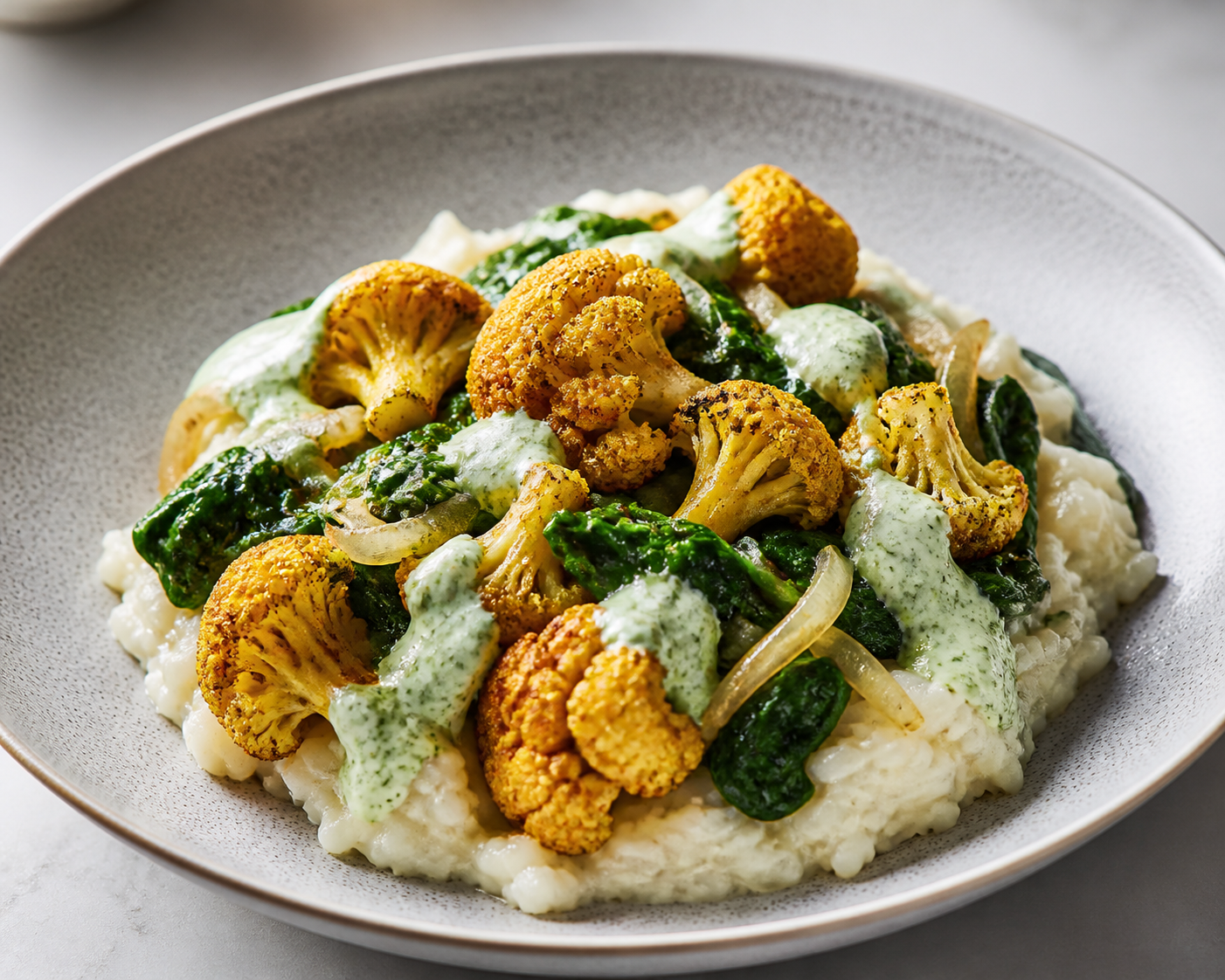 Creamy rice with spiced cauliflower, sautéed spinach, and light yogurt lime mint cream