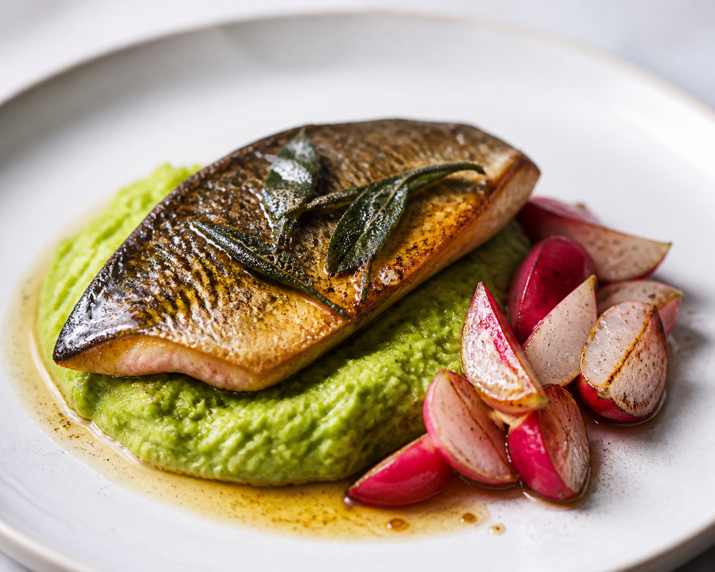 Trucha dorada con mantequilla avellanada de salvia, puré rústico de chícharos y puerro, y rábanos salteados al limón