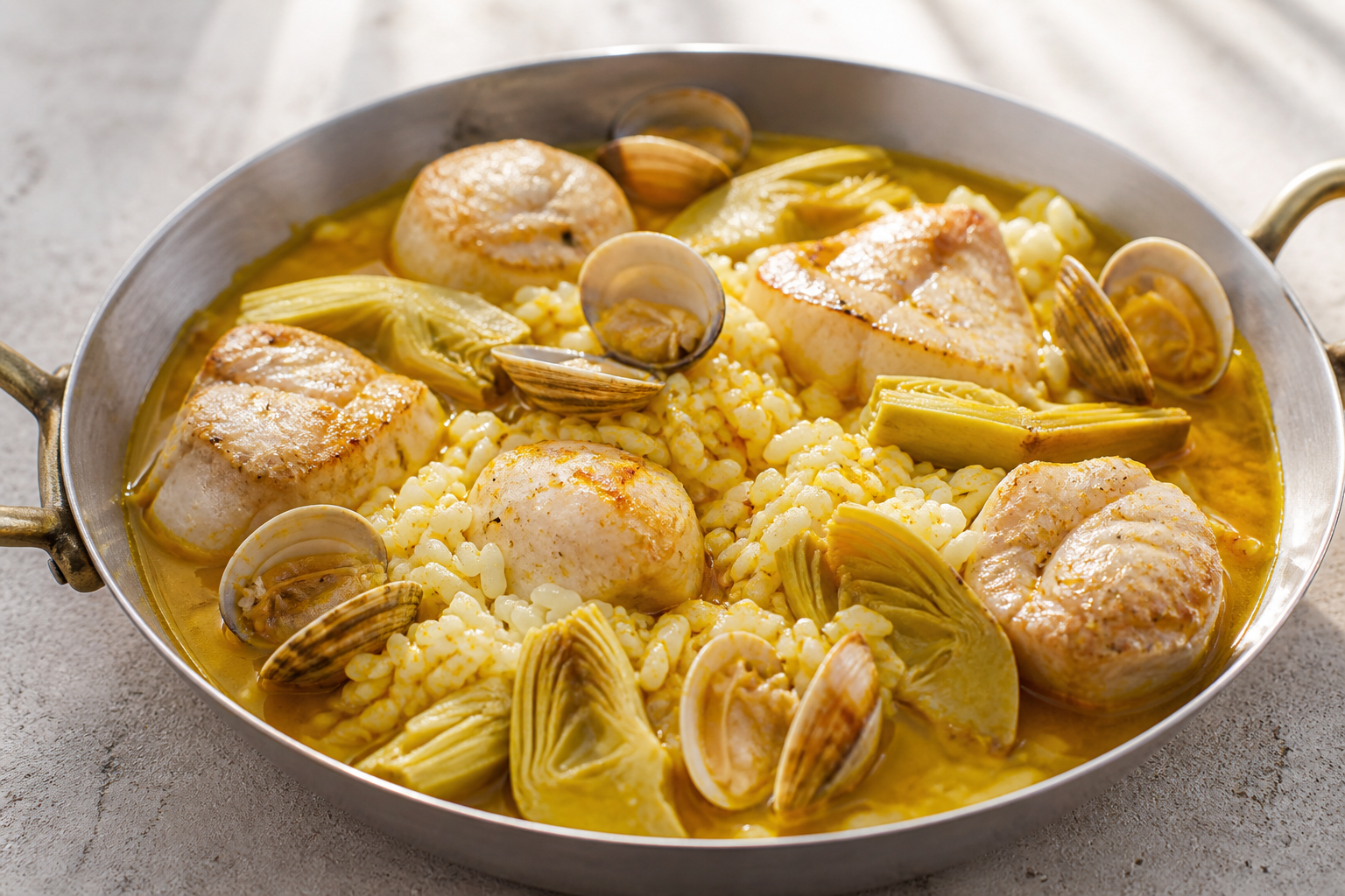 Monkfish and Clam Skillet with Gentle Saffron Broth, Golden Artichokes, and Creamy Lemon Rice