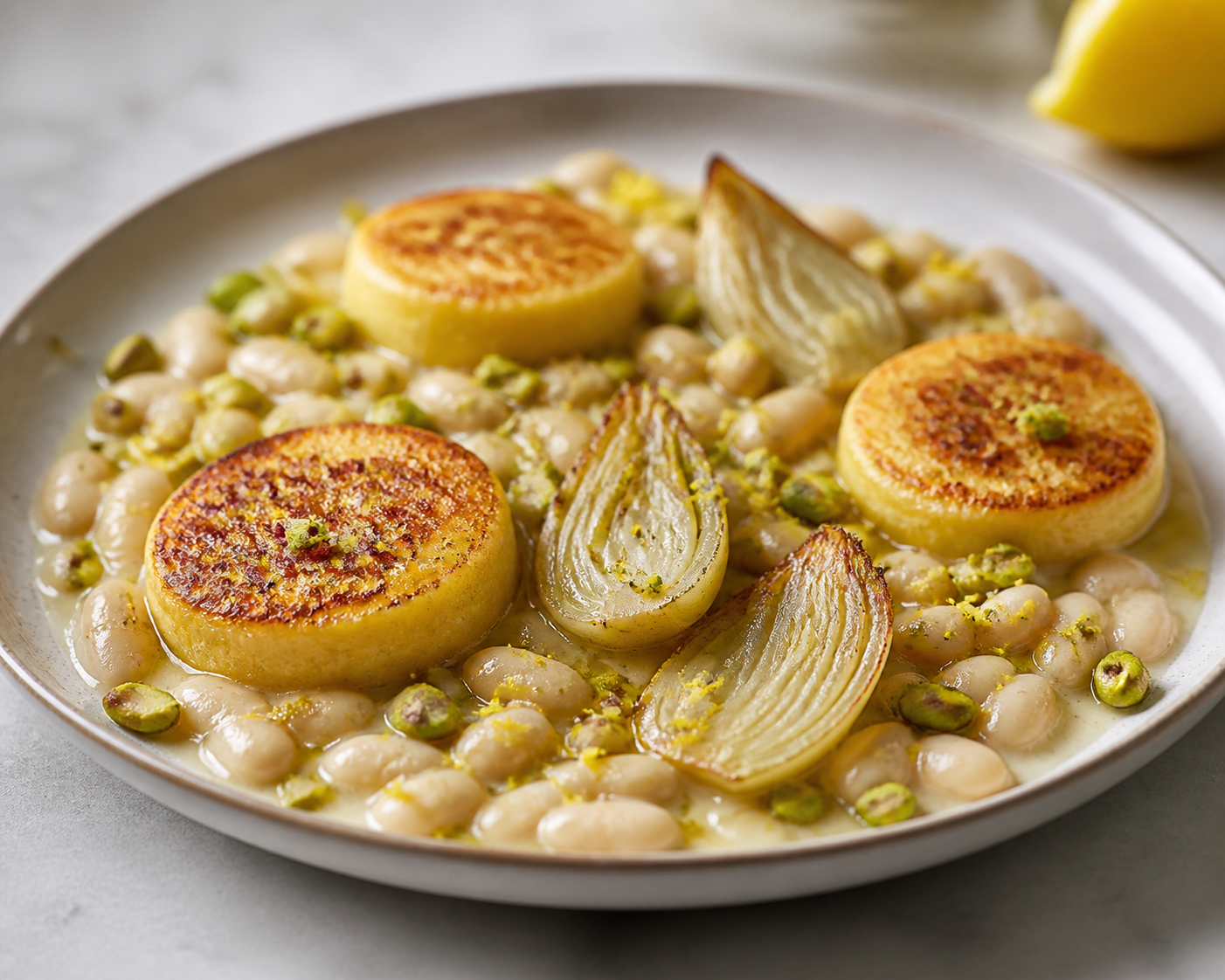 Medallones de polenta al limón con frijoles mantecosos al vino blanco, hinojo asado y pistacho crujiente