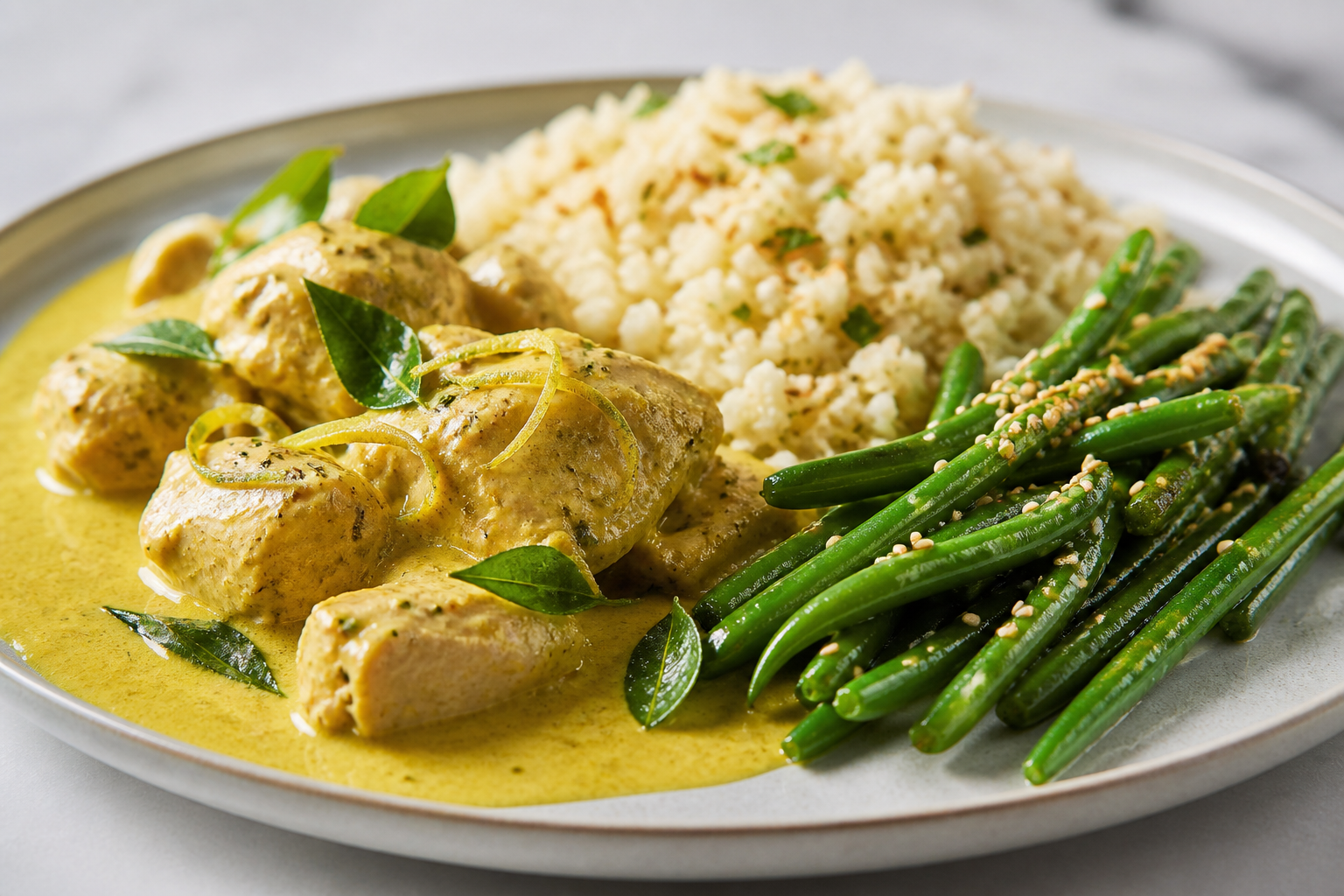 Pollo al curry de coco y lima kaffir con arroz de coliflor tostado y ejotes al sésamo