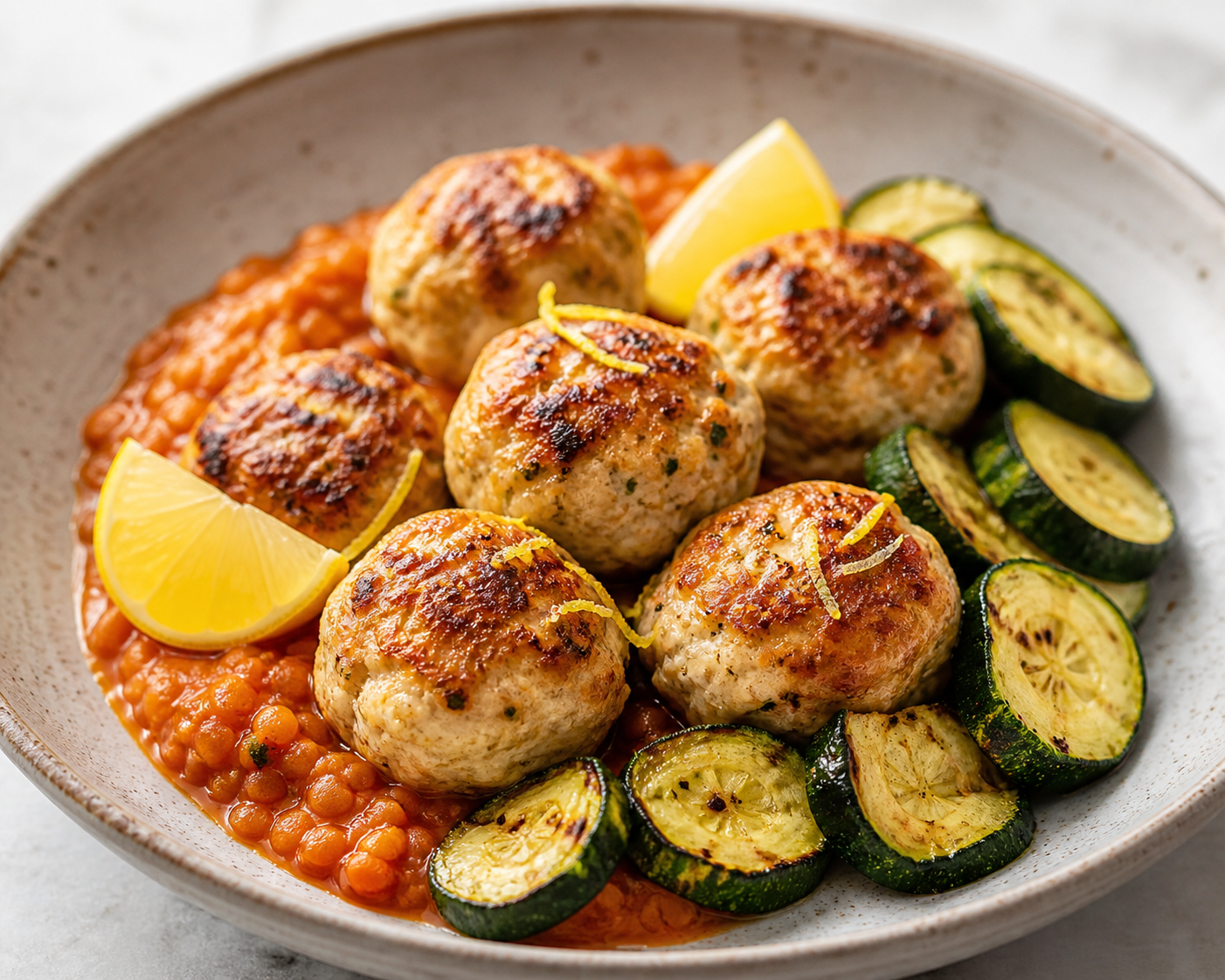 Lemon Chicken and Cottage Cheese Meatballs with Red Lentil Ragout and Roasted Zucchini