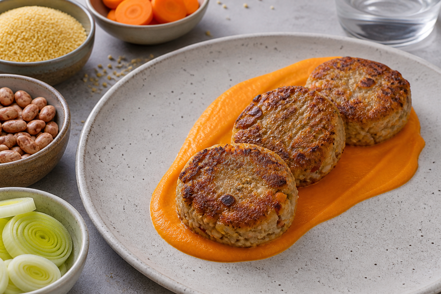 Budget Millet, Leek and Pinto Bean Croquettes with Roasted Carrot Sauce