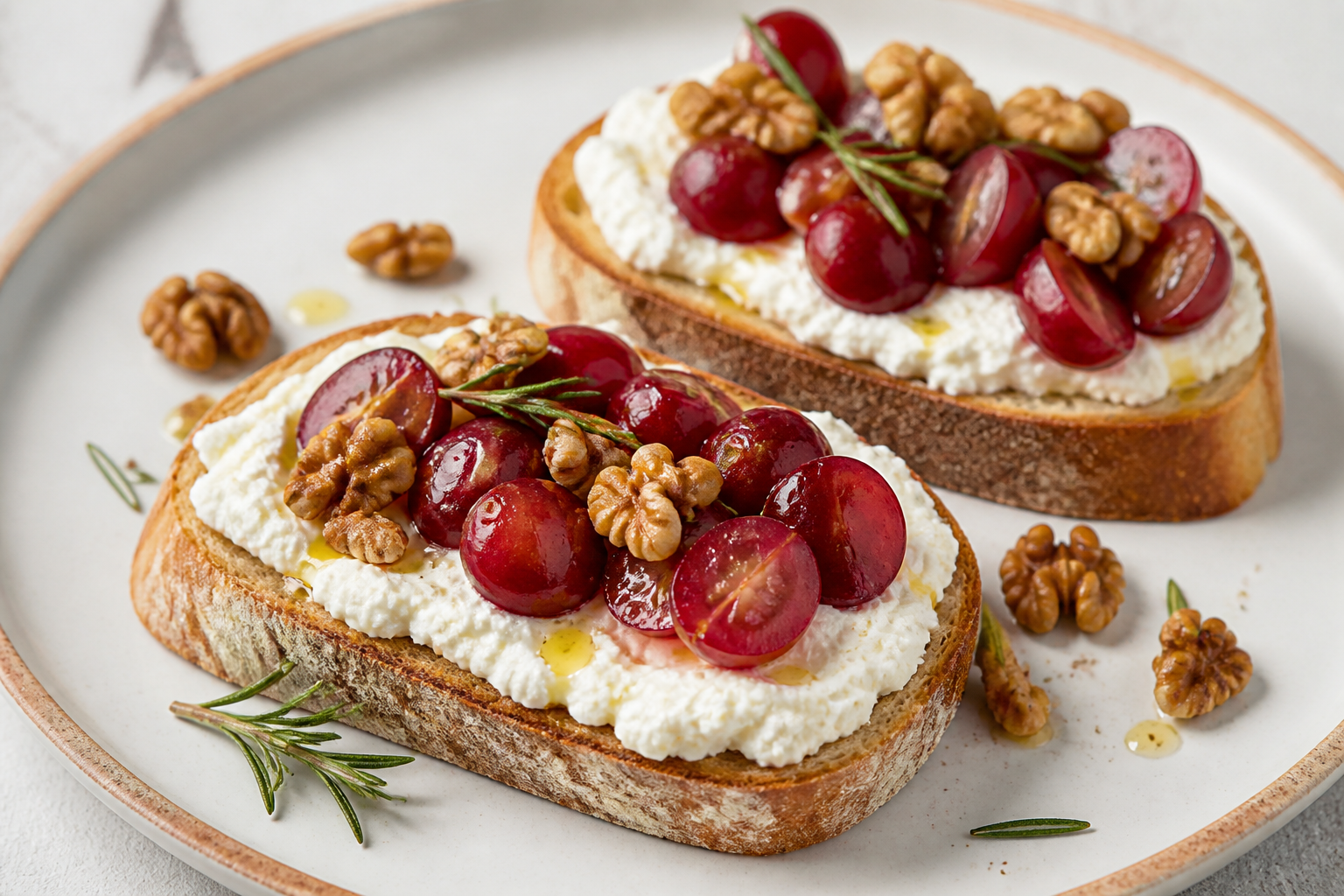 Express whipped cottage cheese toasts with sautéed grapes, rosemary, and toasted walnuts