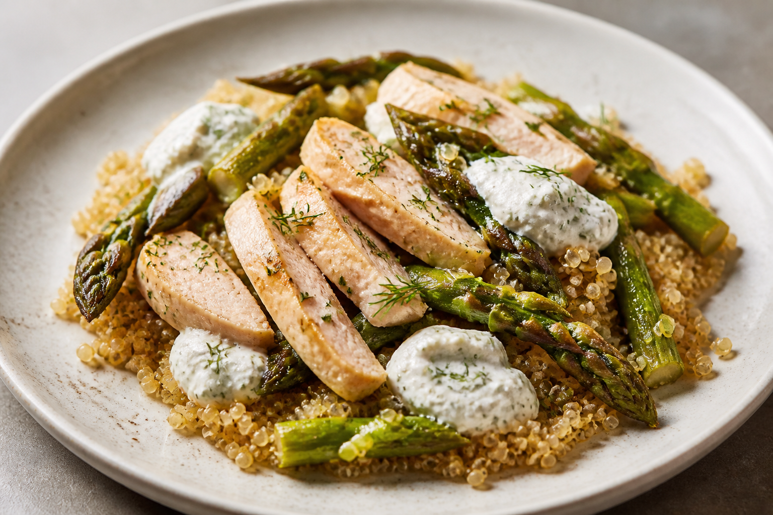 Salteado exprés de quinoa con pavo cítrico, espárragos y crema tibia de ricotta al eneldo
