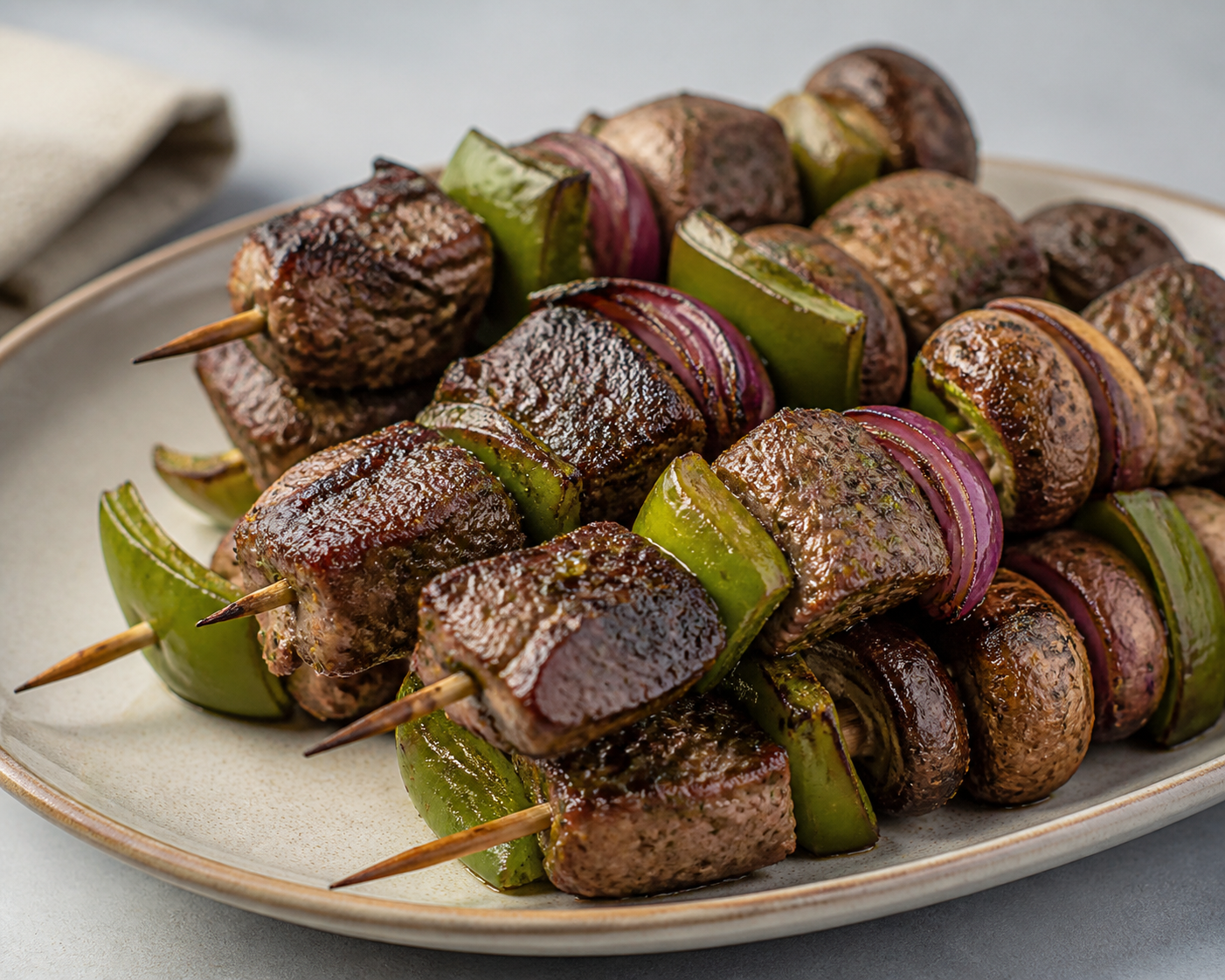 Brochetas de res a la parrilla con champiñones, pimiento verde y adobo de tamarindo, comino y cilantro
