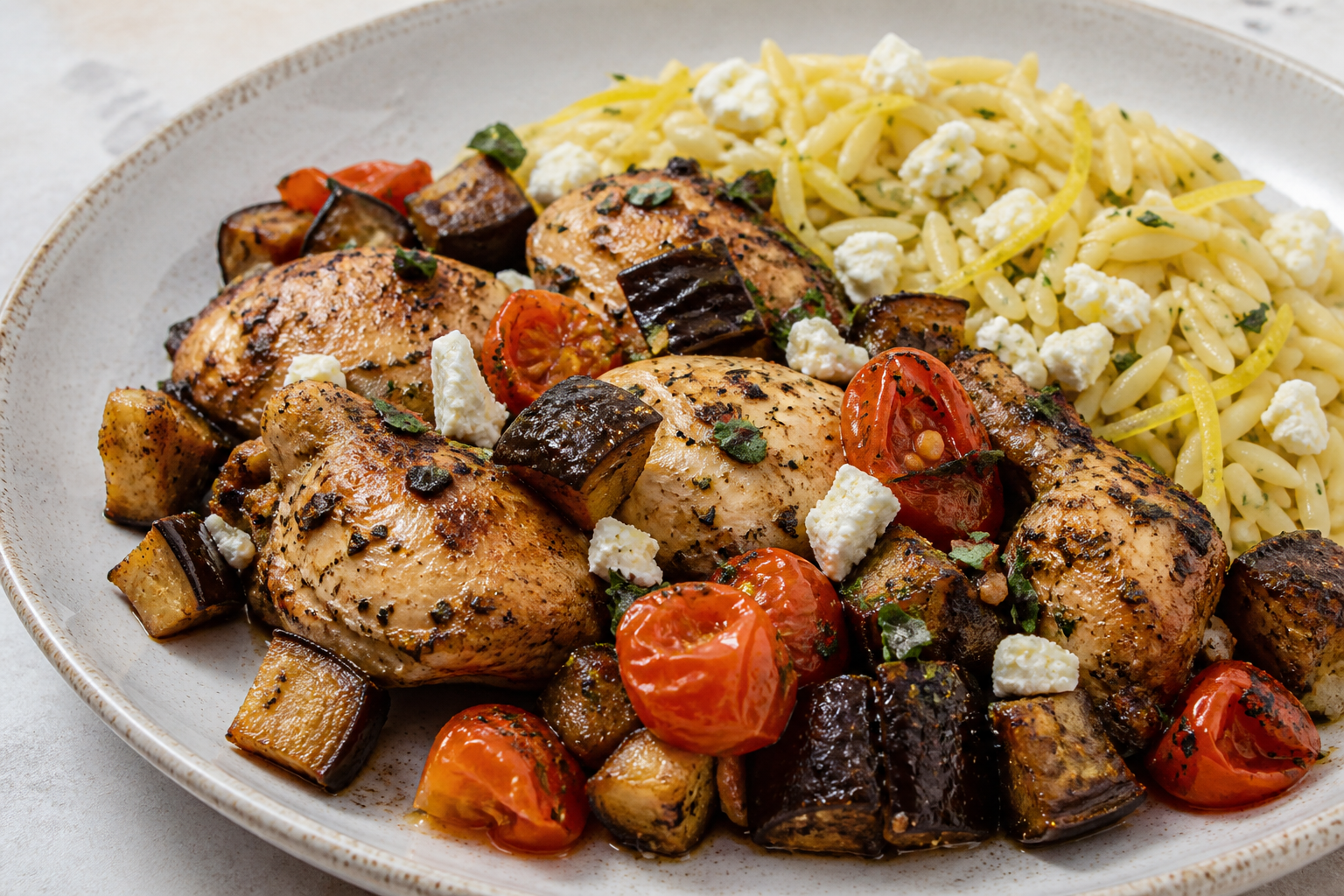 Instant Pot de pollo con berenjena ahumada, tomate cherry y orzo al limón con feta
