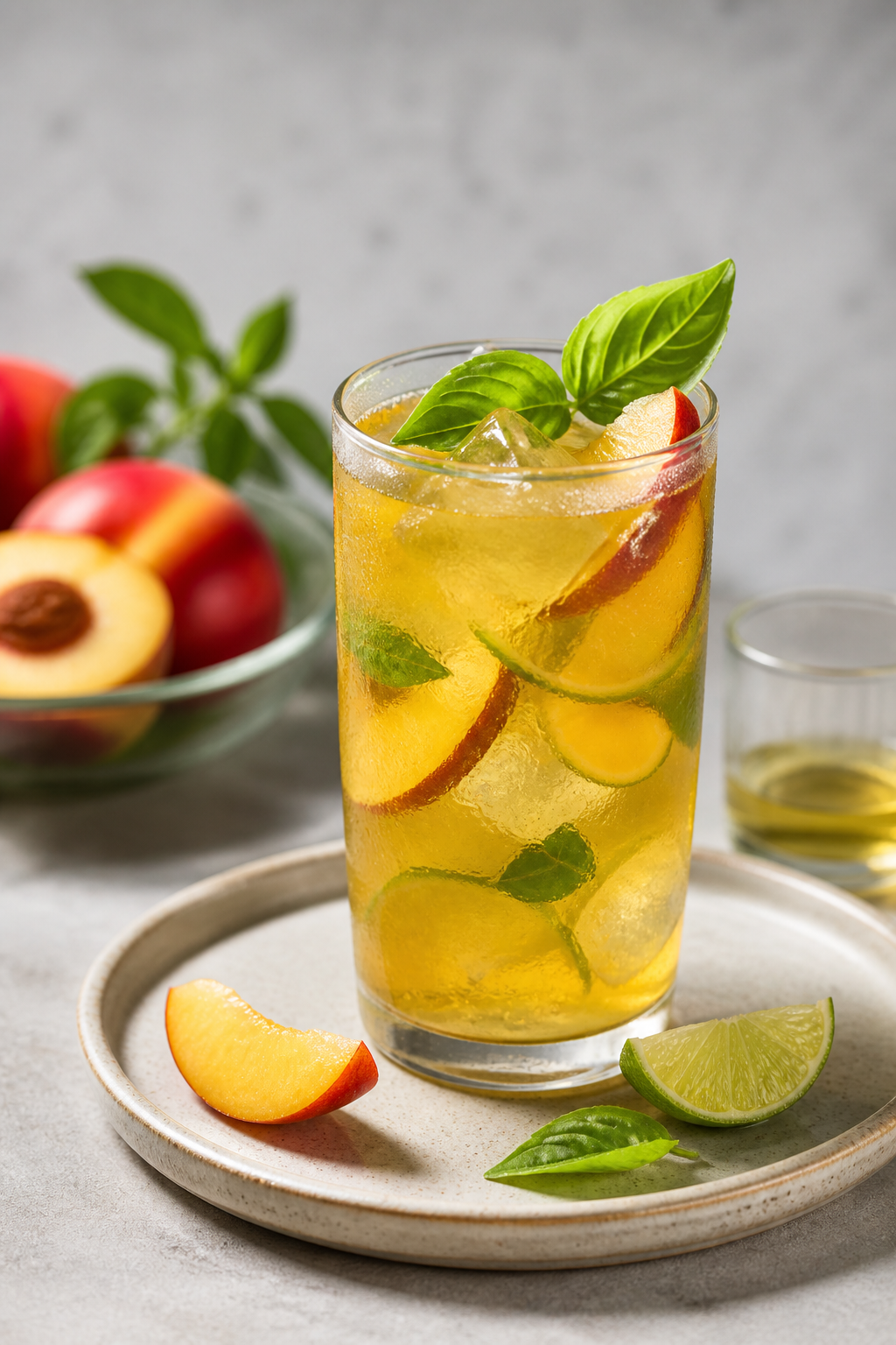 Soda helada de nectarina, lima y té verde con albahaca y agua de azahar