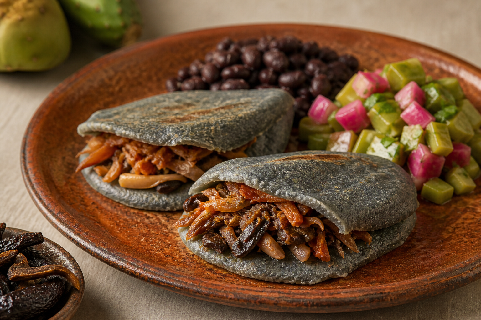 Tetelas de tinga de setas al chile pasilla con frijoles negros y ensalada fresca de nopal y manzana