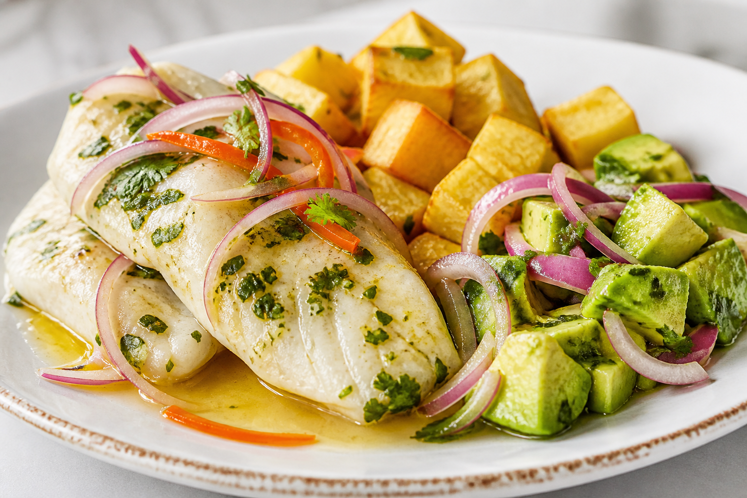 Filetes de Pescado Caribeño en Escabeche de Coco y Lima con Boniato Dorado y Ensalada de Aguacate