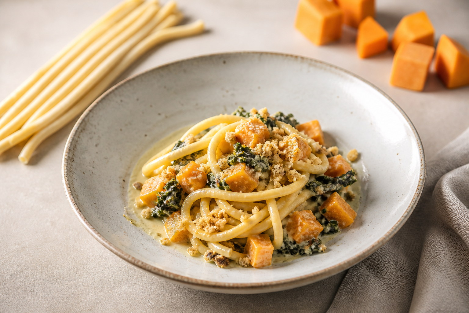 Creamy Pumpkin Limoncello Pici with Sautéed Chicory and Savory Amaretti Crumble