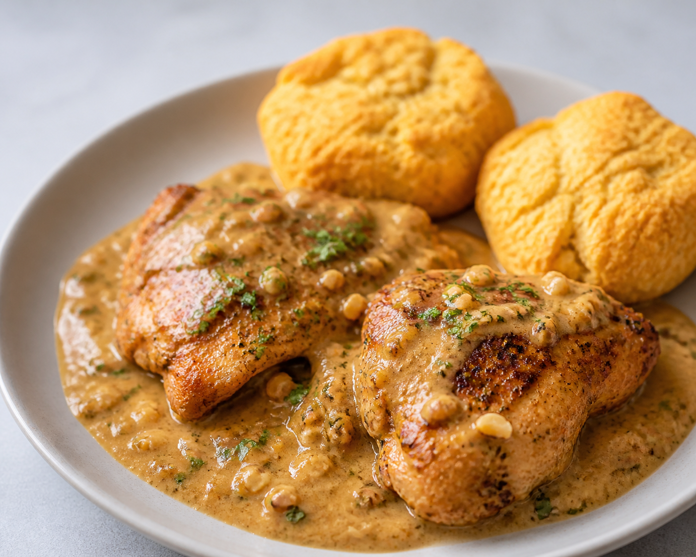 Mild Smoked Paprika Chicken with Peanut Gravy and Sweet Potato Biscuits