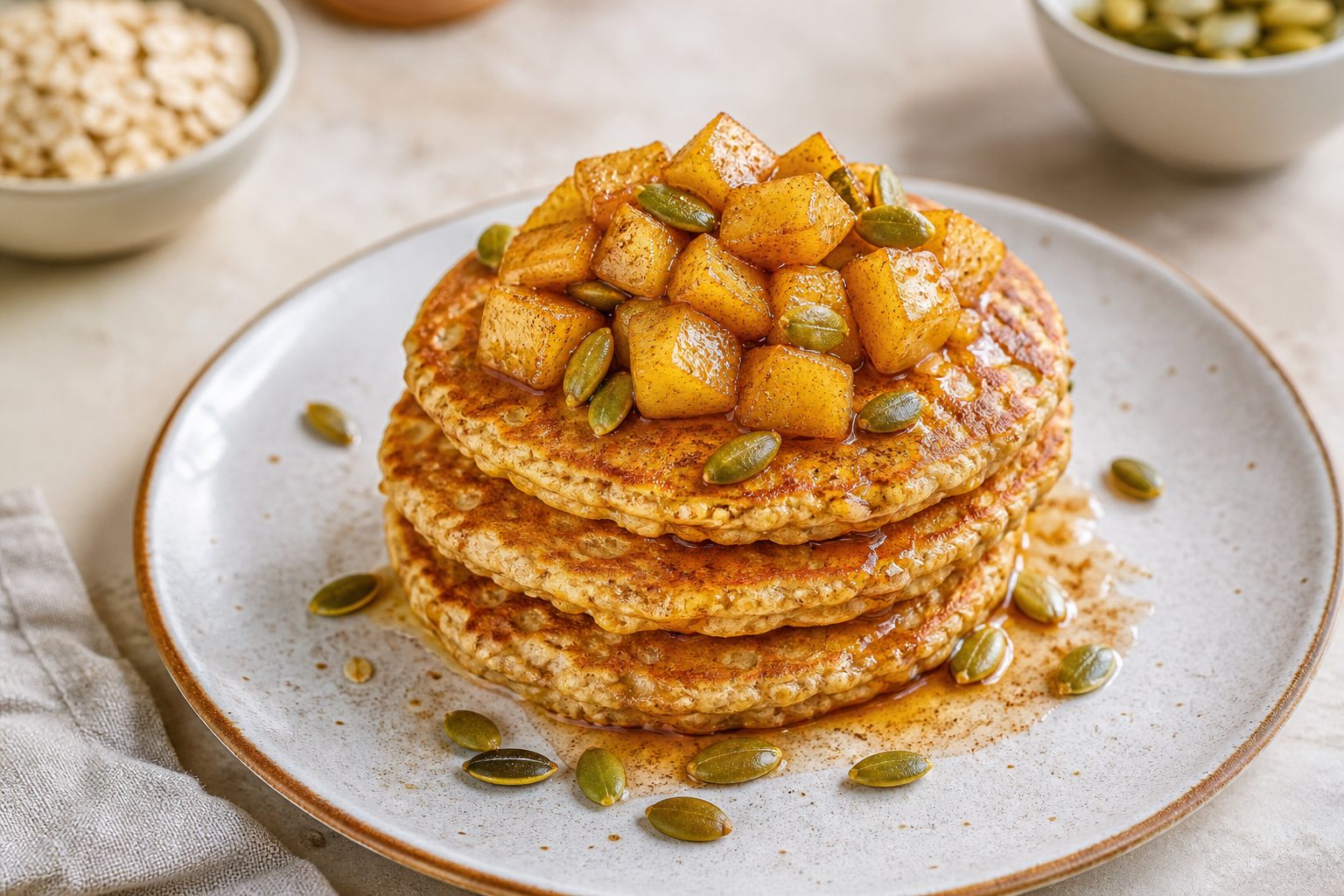 Tortitas de requesón y avena con compota tibia de manzana al chai y semillas de calabaza crujientes