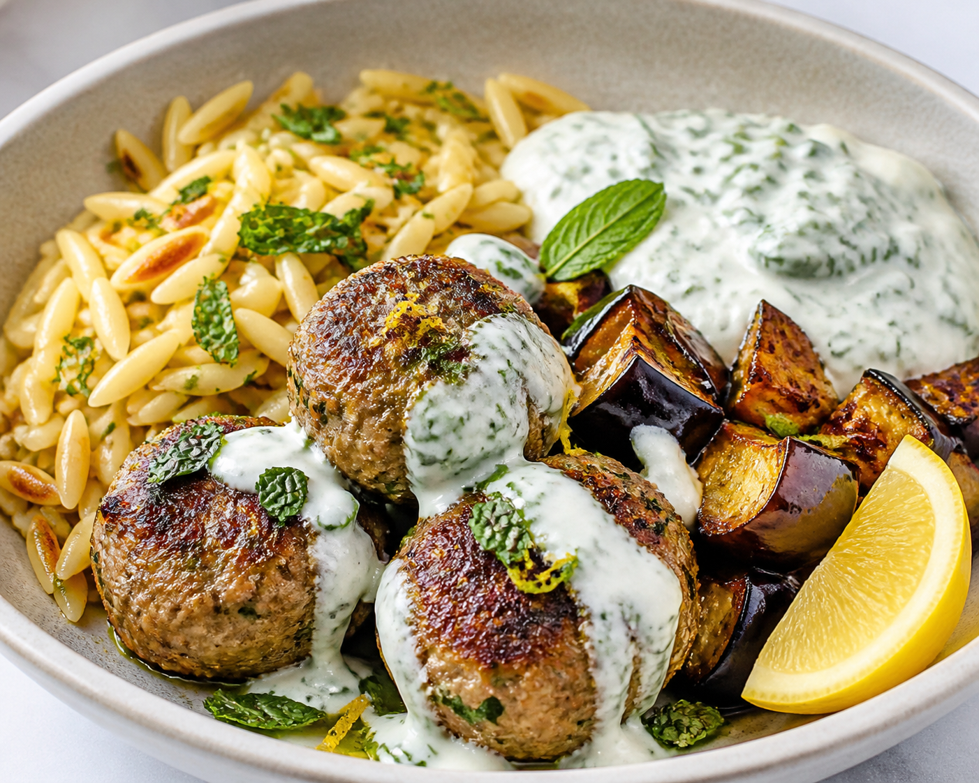 Mediterranean Turkey Meatball Bowl with Lemon-Mint, Toasted Orzo, Roasted Eggplant, and Cucumber Yogurt Sauce