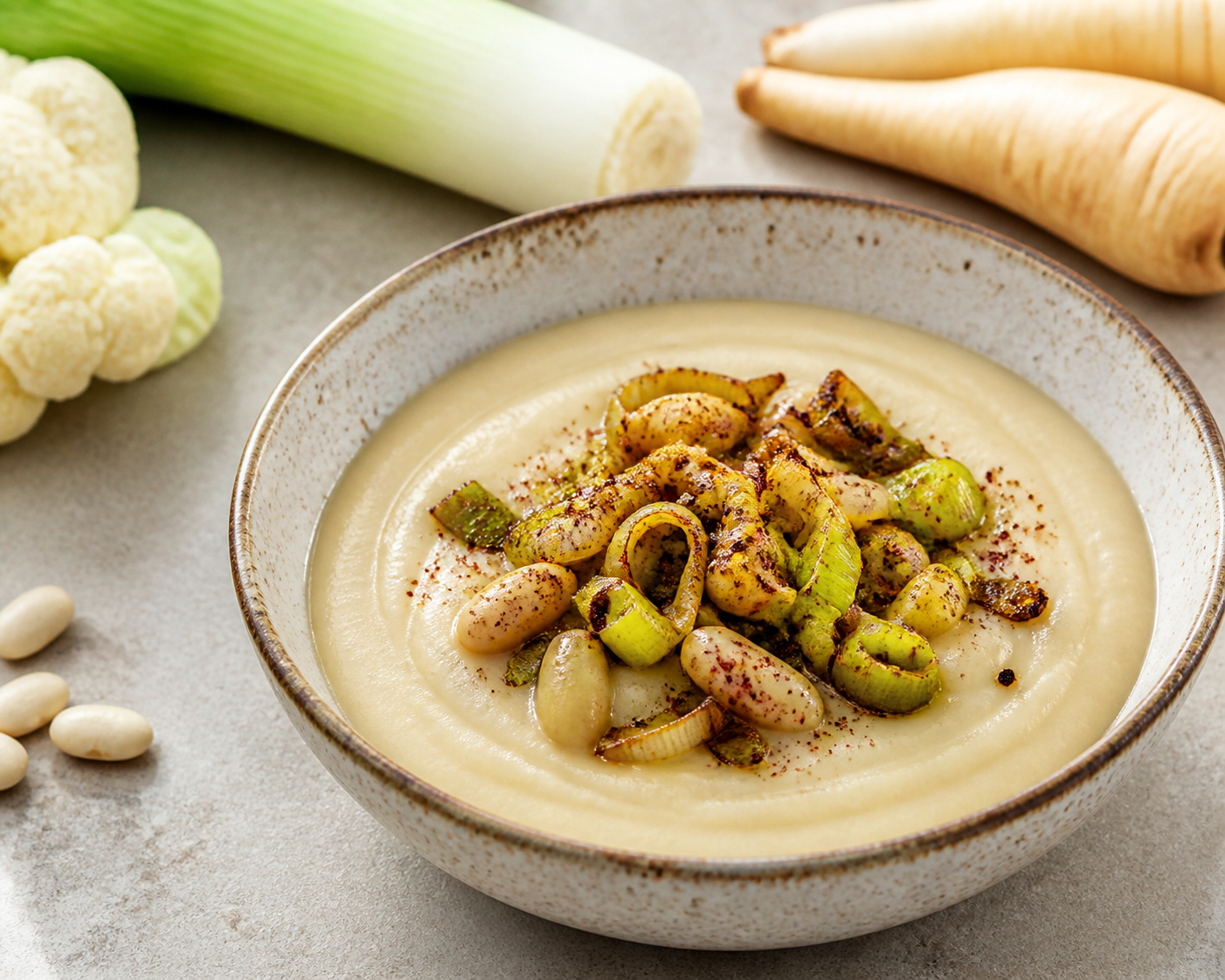 Creamy Parsnip, Cauliflower and White Bean Soup with Crispy Sumac Leeks
