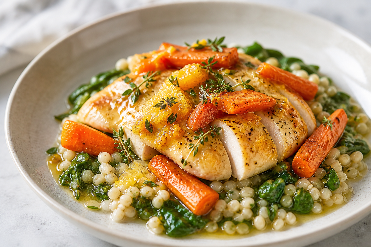Oven-Baked Chicken with Roasted Carrot, Orange and Thyme Sauce over Creamy Barley with Spinach