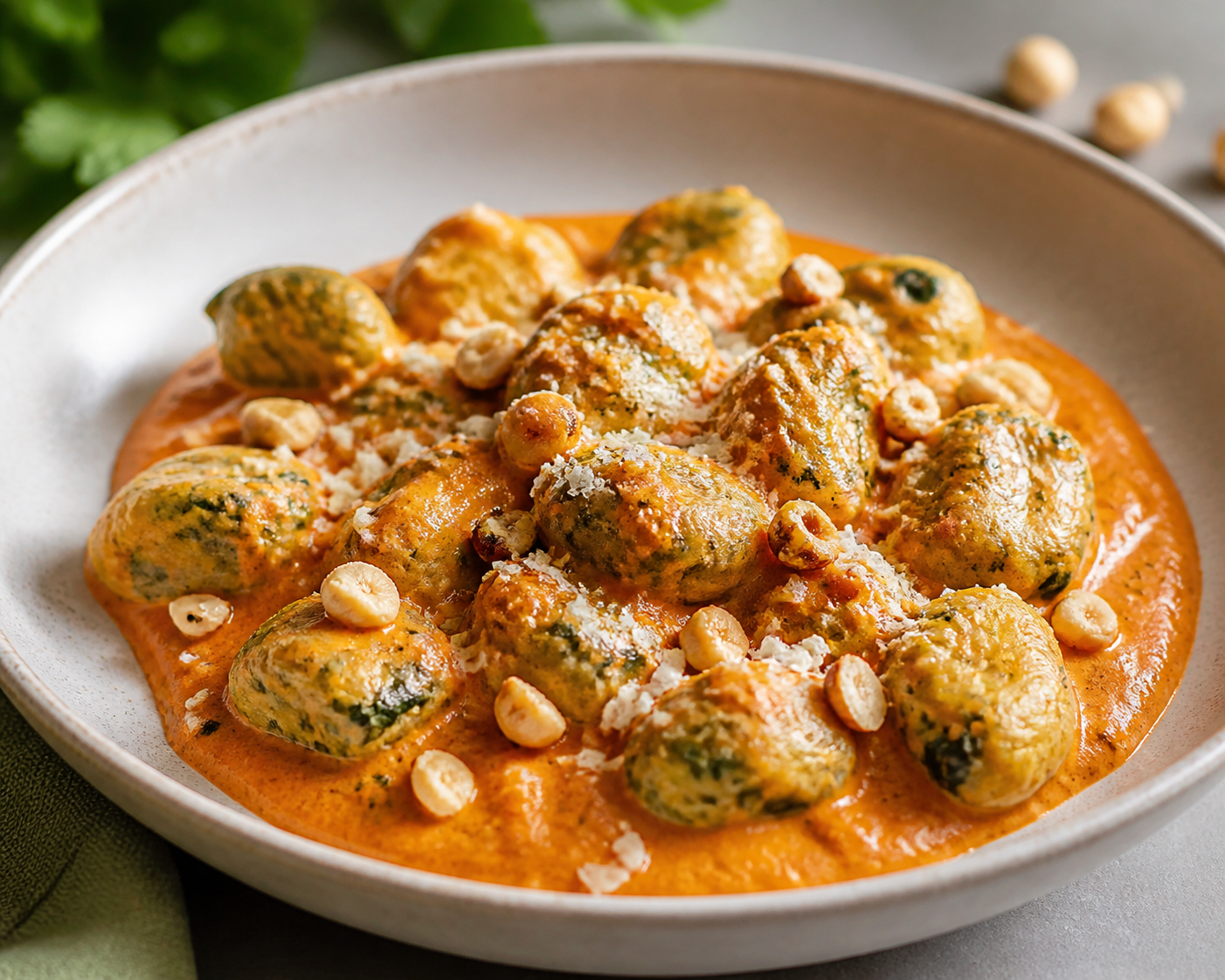 Golden Ricotta and Spinach Gnocchi with Smoky Roasted Pepper Cream and Toasted Hazelnuts