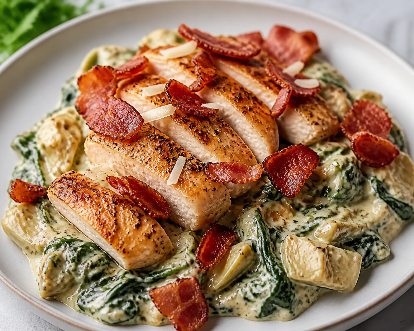 Sartén Keto de Pollo en Crema de Asiago, Espinaca y Alcachofa con Crujiente de Jamón